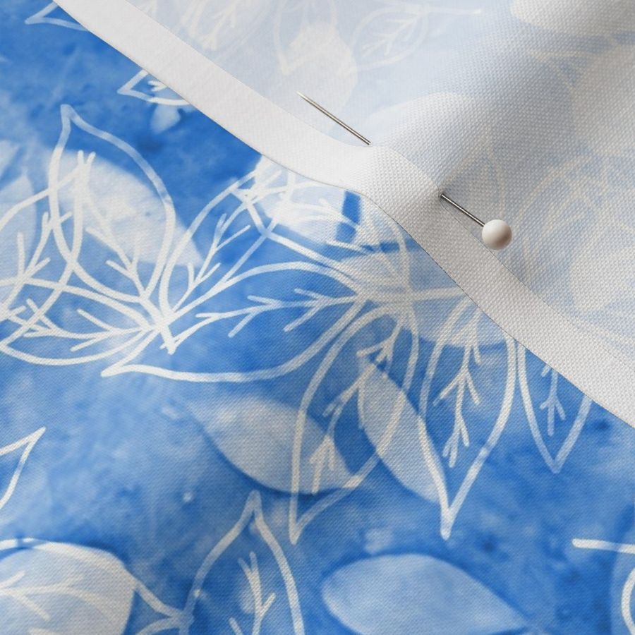 Baptisia and Wisteria Leaf Sunprints with Wisteria Outlines on Shades of Cornflower Blue