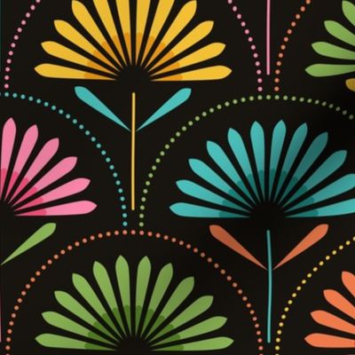 Medium scale / Retro rainbow art deco flowers on black / Colorful florals petals leaves in pink blue green yellow and orange with dots / cute blooming bohemian bright boho sunflowers / geometric mid mod garden