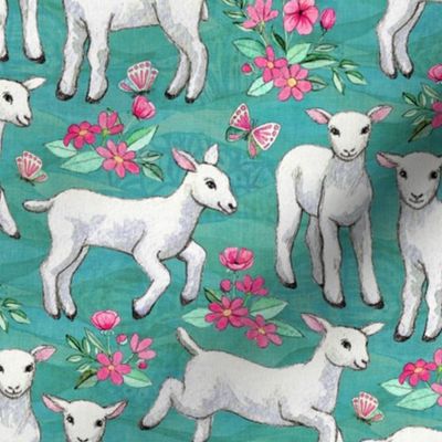 Sweet Watercolor Lambs and Pink Flowers on Turquoise Teal Medium