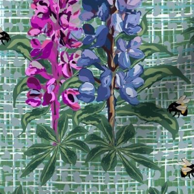 Happy Summer Garden Flowers and Bee Pollinators, Bumblebee on Purple Lupine Pink Lupin Floral Texture Pattern