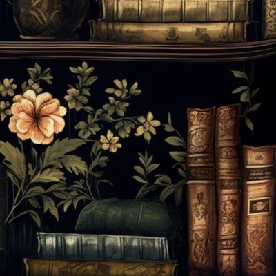 Dark Academia Vintage Book Shelves with Flowers 