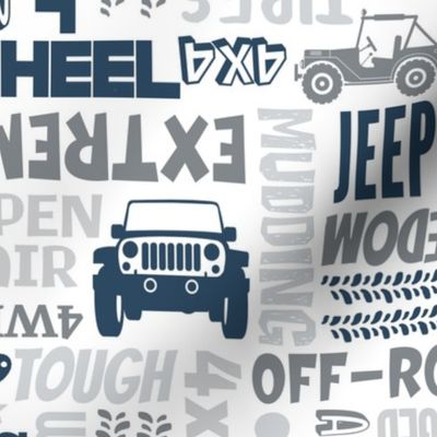 Large Scale 4x4 Adventures Word Cloud Off Road Jeep Vehicles in Grey White Navy