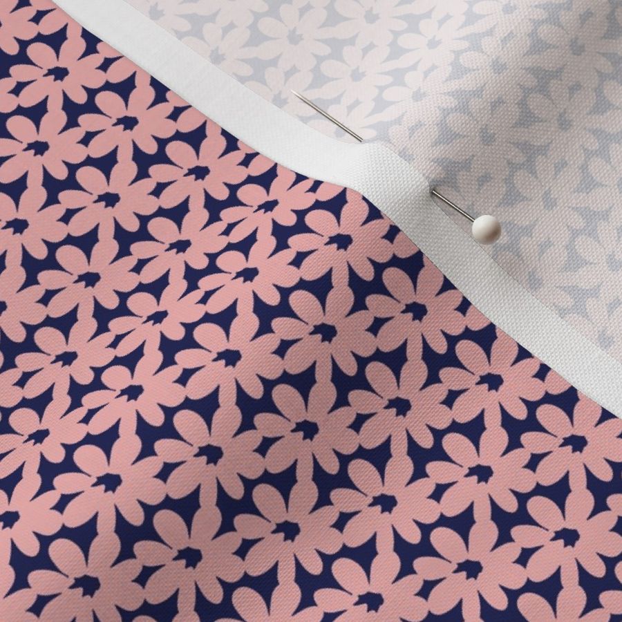 Daisy Chain Small Scale Floral Fabric Pink Flowers on a Navy Blue Background