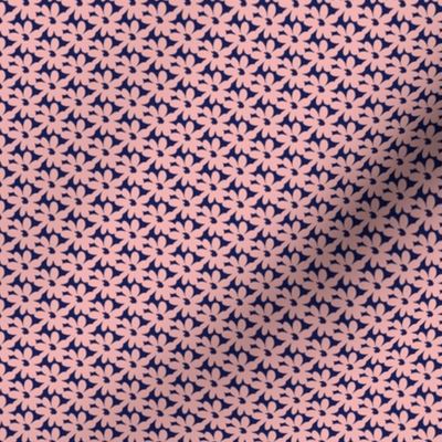 Daisy Chain Small Scale Floral Fabric Pink Flowers on a Navy Blue Background