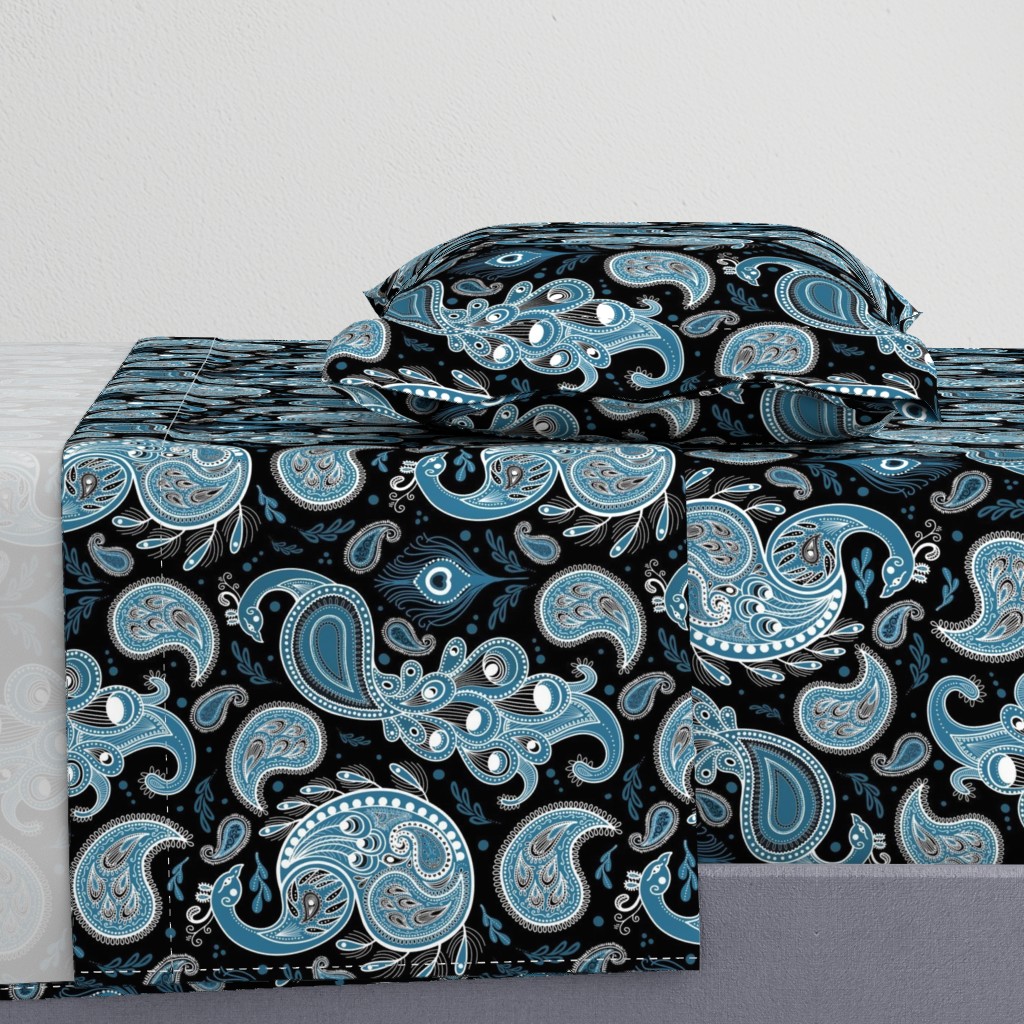 Peacock Paisley Teal on Black