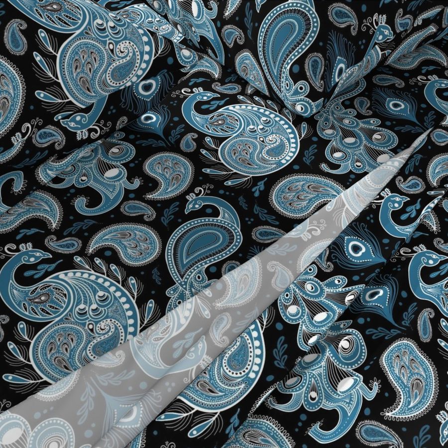 Peacock Paisley Teal on Black