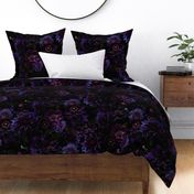 XL-Opulent Antique Baroque Gothic Glamour: Lush Purple & Burgundy Dahlia Flowers with Maximalistic Romanticism and Dramatic Mystic Bohemian Goth Girl on black