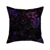 XL-Opulent Antique Baroque Gothic Glamour: Lush Purple & Burgundy Dahlia Flowers with Maximalistic Romanticism and Dramatic Mystic Bohemian Goth Girl on black