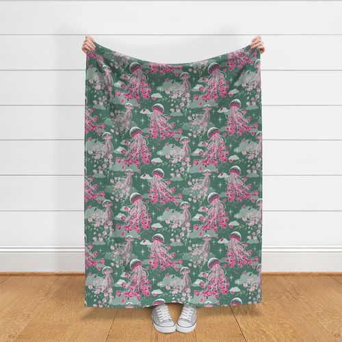 Surreal Dreams of Jellyfish and Florals Dark Sage Green and Pink