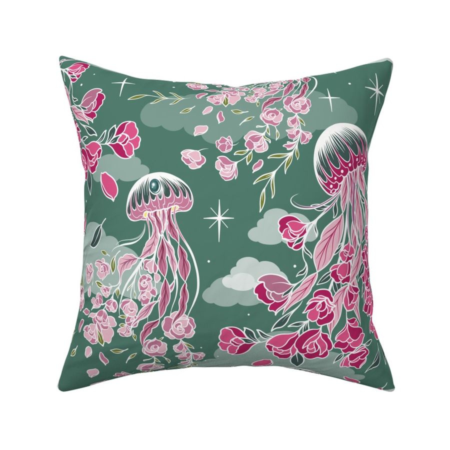 Surreal Dreams of Jellyfish and Florals Dark Sage Green and Pink