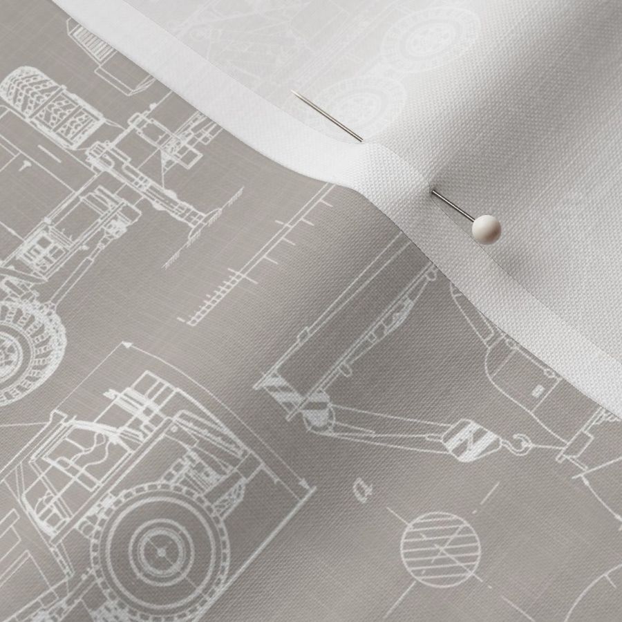 Small Scale / Construction Trucks Blueprint / Warm Grey Linen Textured Background