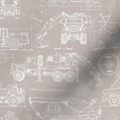 Small Scale / Construction Trucks Blueprint / Warm Grey Linen Textured Background