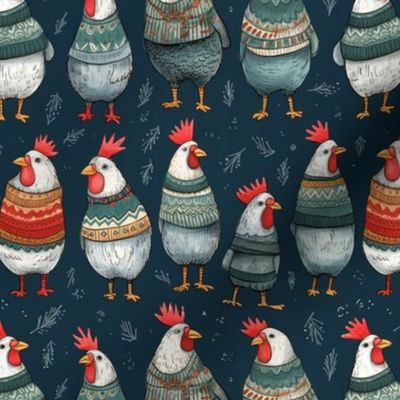 chickens in winter jumpers 