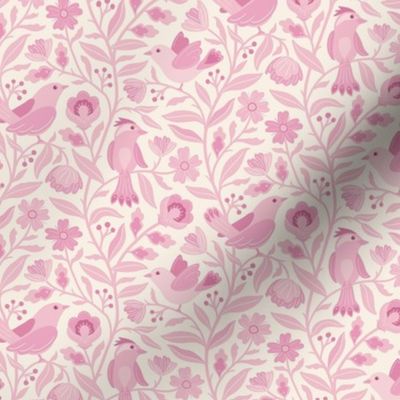 Sweet traditional floral with birds -  pinkcore - candy pink, and baby pink -  small