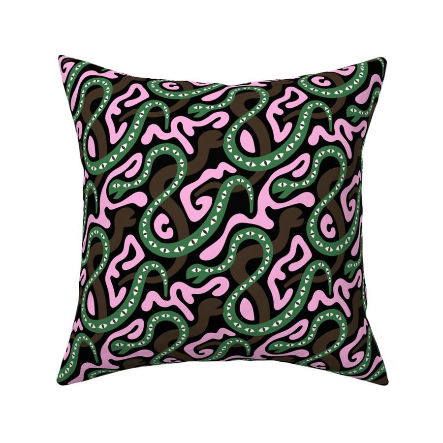 Forest Biome - Under the earth and in the soil snake pit creatures modern kids design pink green chocolate brown on black 