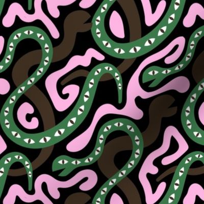 Forest Biome - Under the earth and in the soil snake pit creatures modern kids design pink green chocolate brown on black 