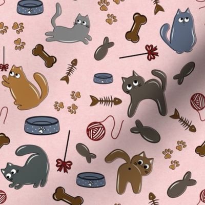 Cheerful felines in varied positions on a soft pink backdrop