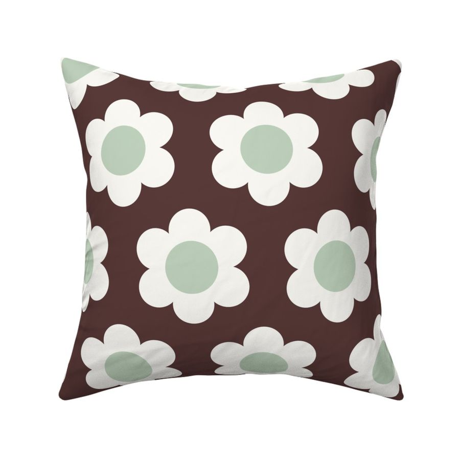 Medium 60s Flower Power Daisy - Dewkist mint green and white on Monkey Island Medium Dark Brown - retro floral - retro flowers - simple retro flower wallpaper - kitchy kitchen - retro kids