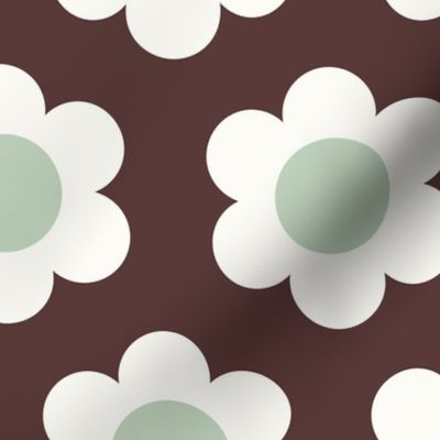 Medium 60s Flower Power Daisy - Dewkist mint green and white on Monkey Island Medium Dark Brown - retro floral - retro flowers - simple retro flower wallpaper - kitchy kitchen - retro kids