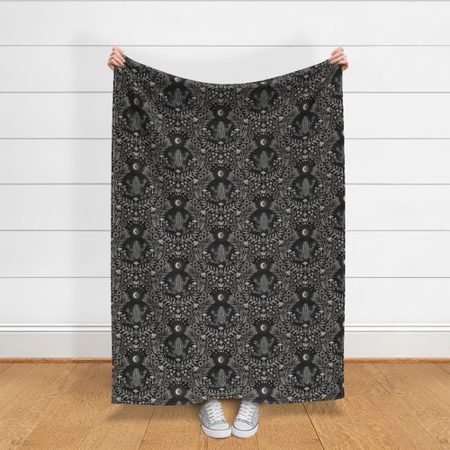 Mystical frog damask with moon and mushrooms - warm earthy grey & black monochrome - large