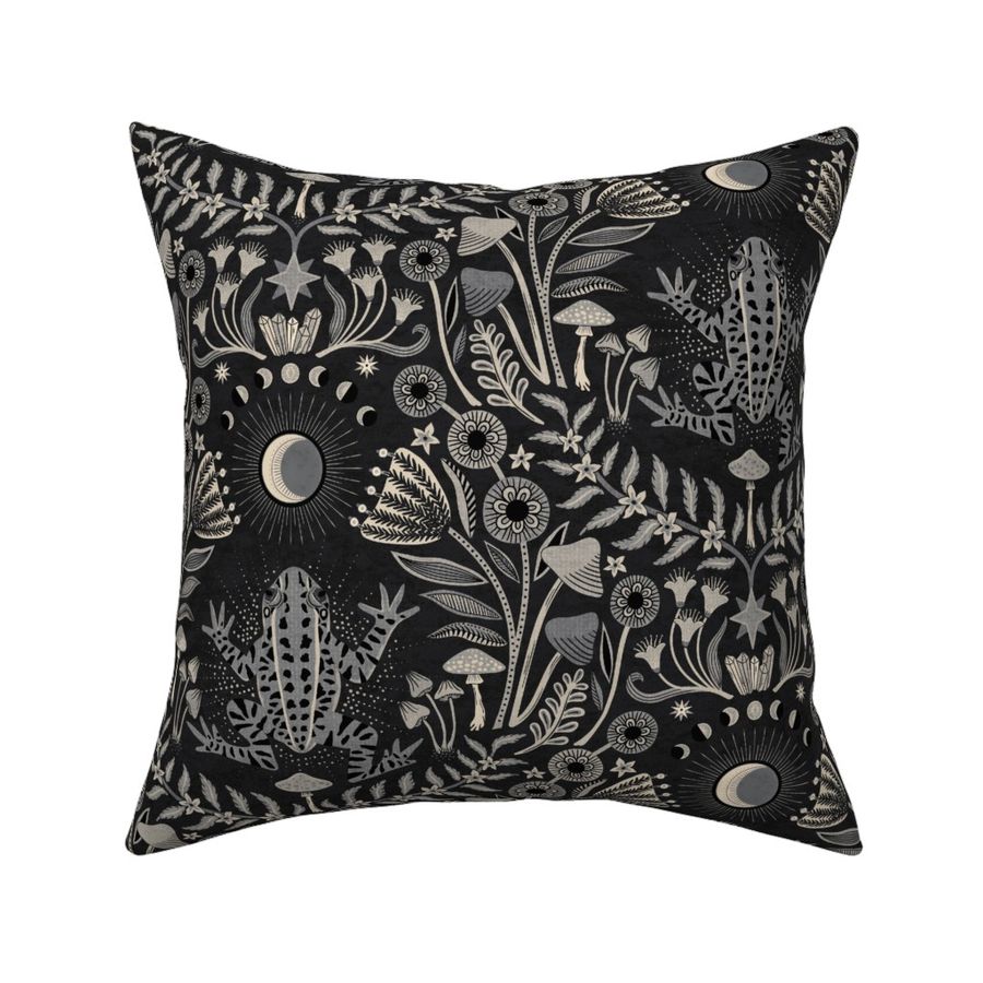 Mystical frog damask with moon and mushrooms - warm earthy grey & black monochrome - large