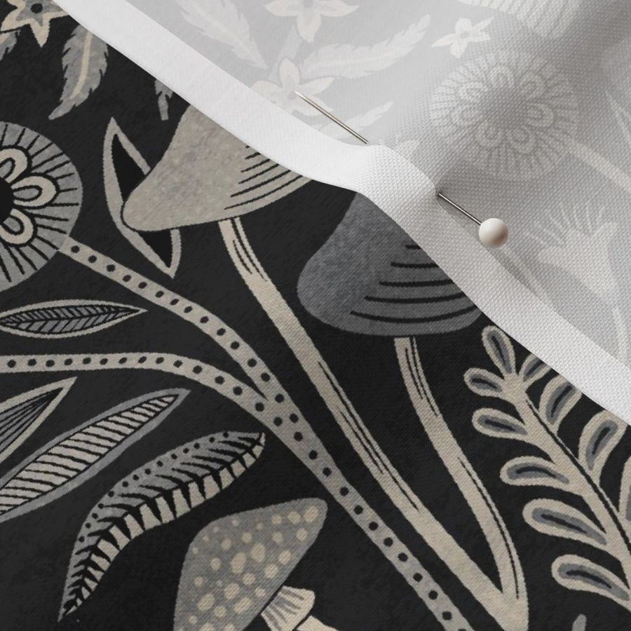 Mystical frog damask with moon and mushrooms - warm earthy grey & black monochrome - large