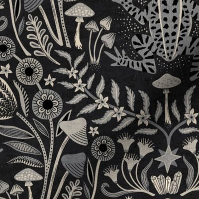 Mystical frog damask with moon and mushrooms - warm earthy grey & black monochrome - large