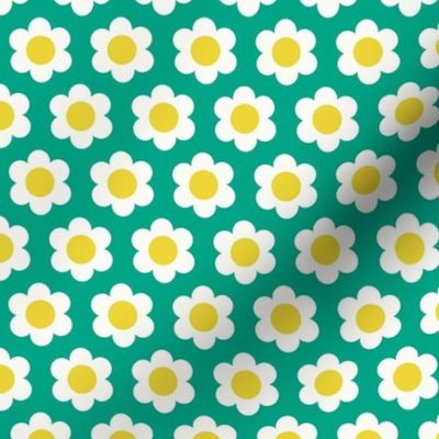 Extra Small 60s Flower Power Daisy - yellow and white on Tropical Teal green - retro floral - retro flowers - simple retro flower wallpaper - kitchy kitchen