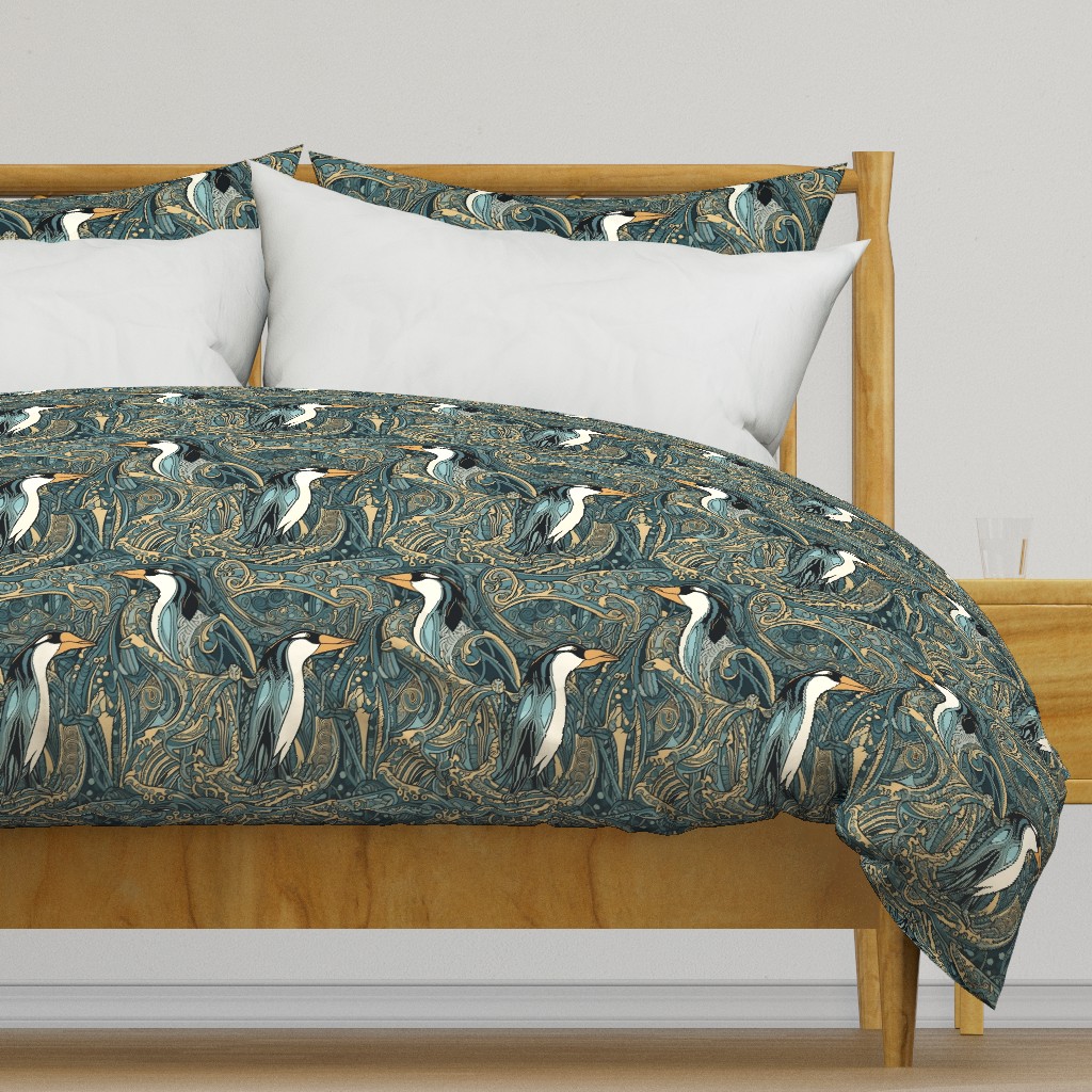 art deco penguins in gold and green