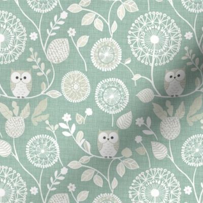 Cute Little White Owls Dandelion Flowers Woven Distressed Woodland Floral Baby Nursery Country Swaddle Pastel Green 