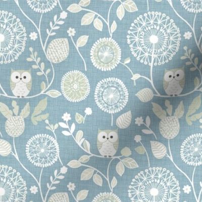 Cute Little White Owls Dandelion Flowers Woven Distressed Woodland Floral Baby Nursery Country Swaddle Pastel Green Warm Blue