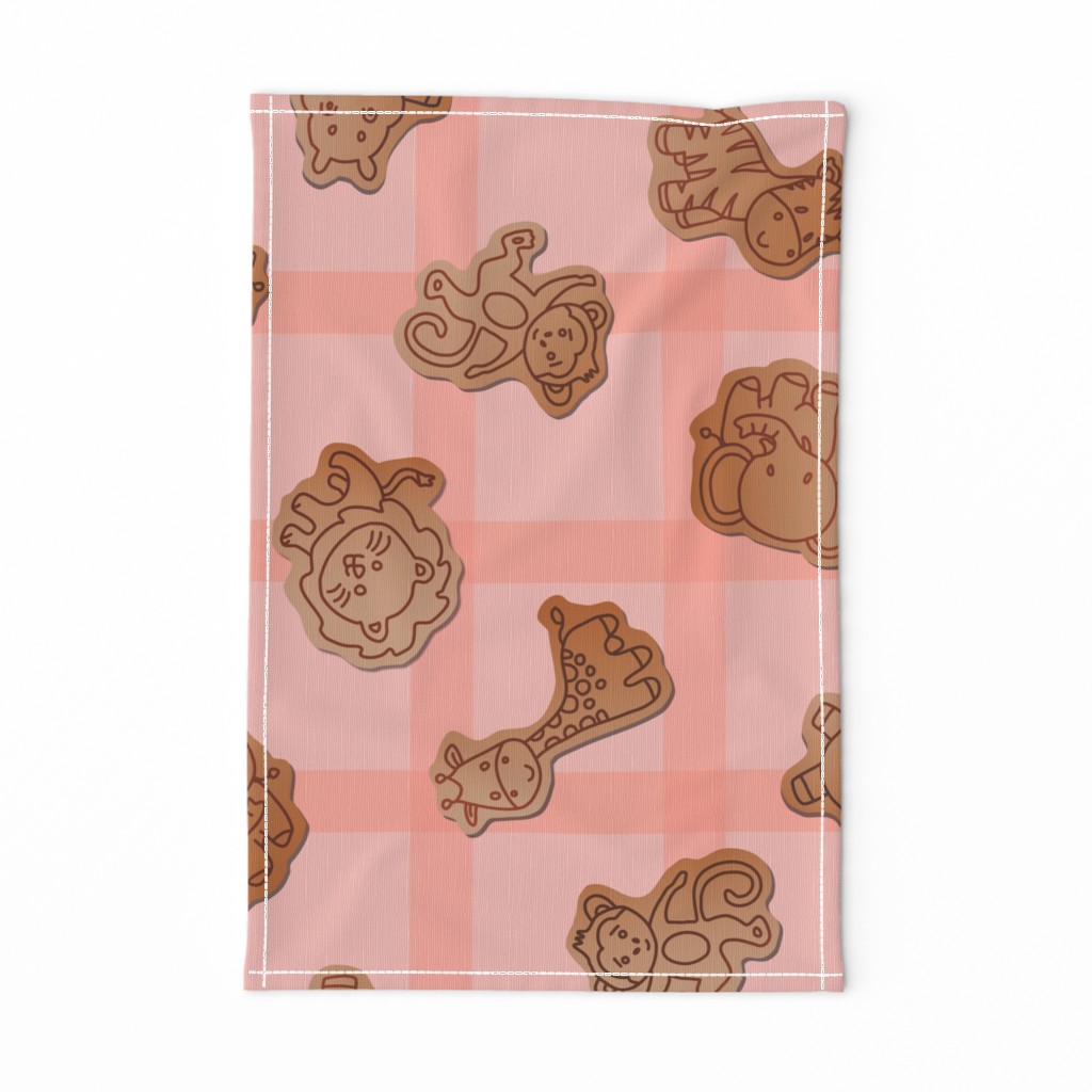 Animal Crackers Pink Large - cookies, food, desert, kids, treat, children, babies, picnic, playroom, nursery, circus, fun, cute, brown, baking, gingham, checkered, monkeys, elephants, giraffes, lions, hippos