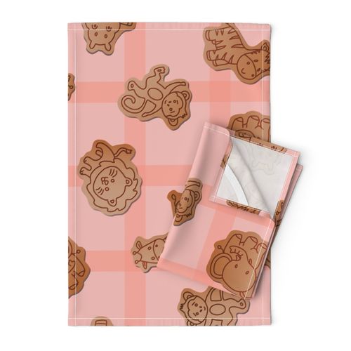 Animal Crackers Pink Large - cookies, food, desert, kids, treat, children, babies, picnic, playroom, nursery, circus, fun, cute, brown, baking, gingham, checkered, monkeys, elephants, giraffes, lions, hippos