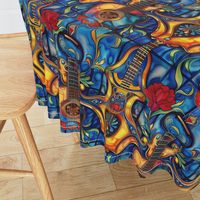 blue abstract art nouveau guitar of tropical hues