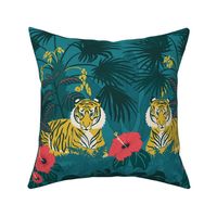 (L) Proud Tiger - Maximalist Jungle pattern with tigers, hibiscus, monstera and palms on blue