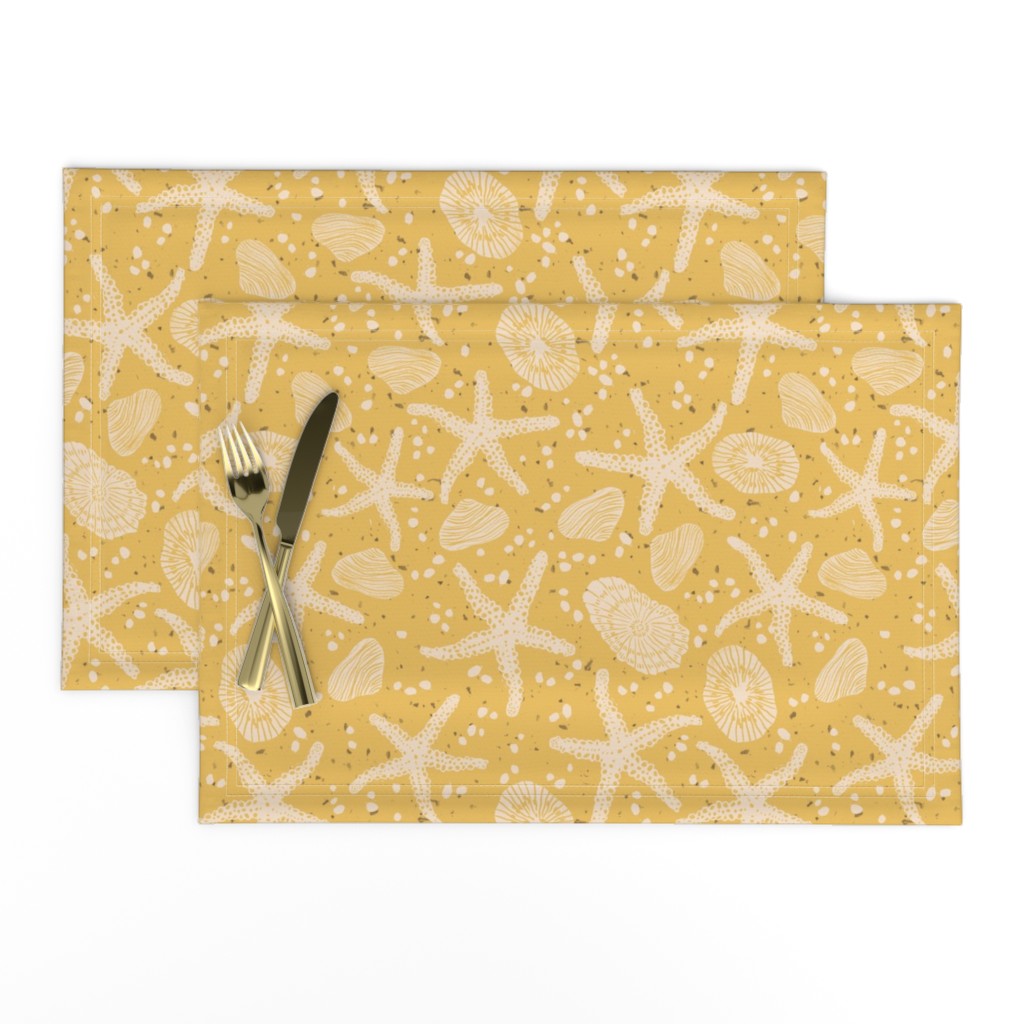 Large Block Printed Summer Beach Seashells and Starfish in sandy cream on mustard yellow