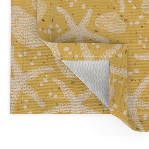 Large Block Printed Summer Beach Seashells and Starfish in sandy cream on mustard yellow