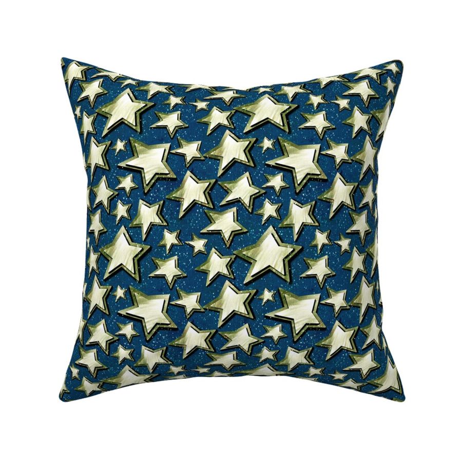 Small 6” repeat 3D layered gold silver stars with faux woven texture on dark blue nighttime  background with snow