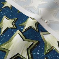 Small 6” repeat 3D layered gold silver stars with faux woven texture on dark blue nighttime  background with snow