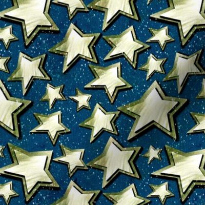 Small 6” repeat 3D layered gold silver stars with faux woven texture on dark blue nighttime  background with snow