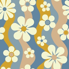 Retro Flowers - Blue Yellow