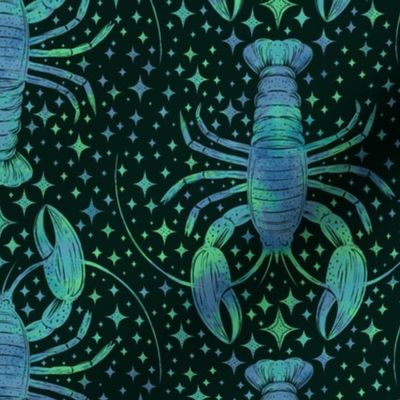 Celestial Lobsters in Blue and Green Neon on Dark Medium