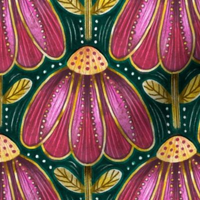 (L) Vintage Glam Floral - Pink & Gold on Teal - Art Deco Nouveau Heritage