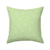 Light green and white geometric pattern with hexagon-base spirals.