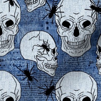 Medium 12” repeat hand drawn Halloween dark academia skulls on mixed media vintage historical bookpaper and handwriting with faux burlap woven texture on denim blue