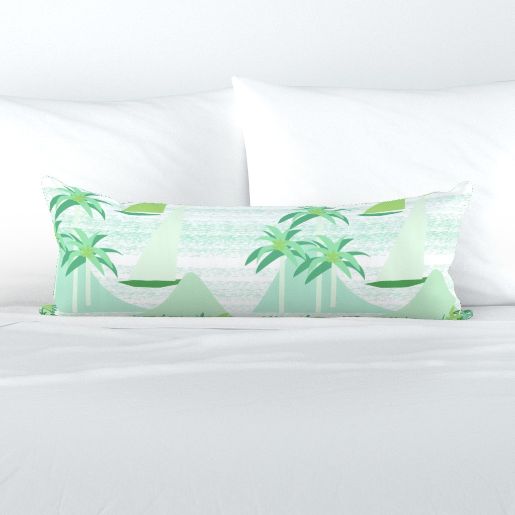 tropical harbor ocean mountains breeze shells sailboats green white