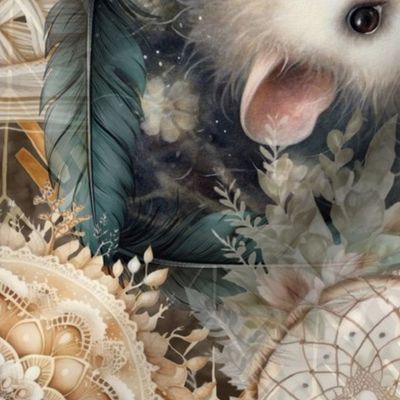 PANEL OR LARGE MYSTICAL ANIMALS BOHO MOUSE SHREW FLWRHT