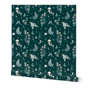 Sea turtles and jellyfish in a coral reef - dark green, coral, off white - jumbo scale 