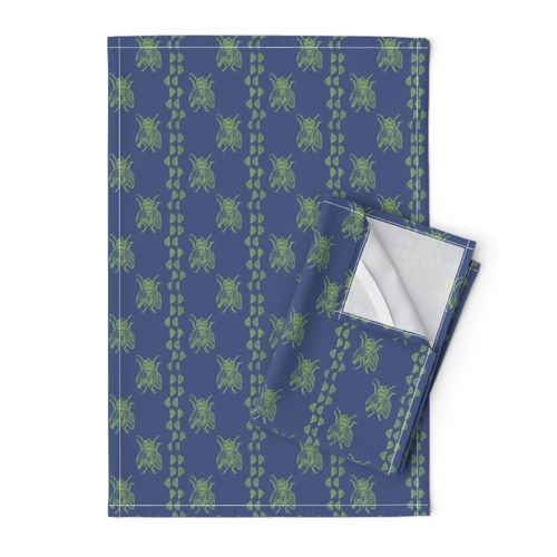 Bohemian block printed fly on the wall stripe in royal blue and celadon green for a perfect picnic.