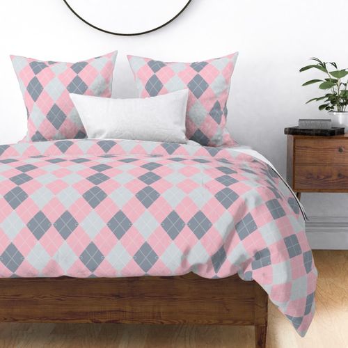 Large - Preppy Argyle Diamond Diagonal Stripes with Bows - Pale Pink - Silver Grey - Slate Grey